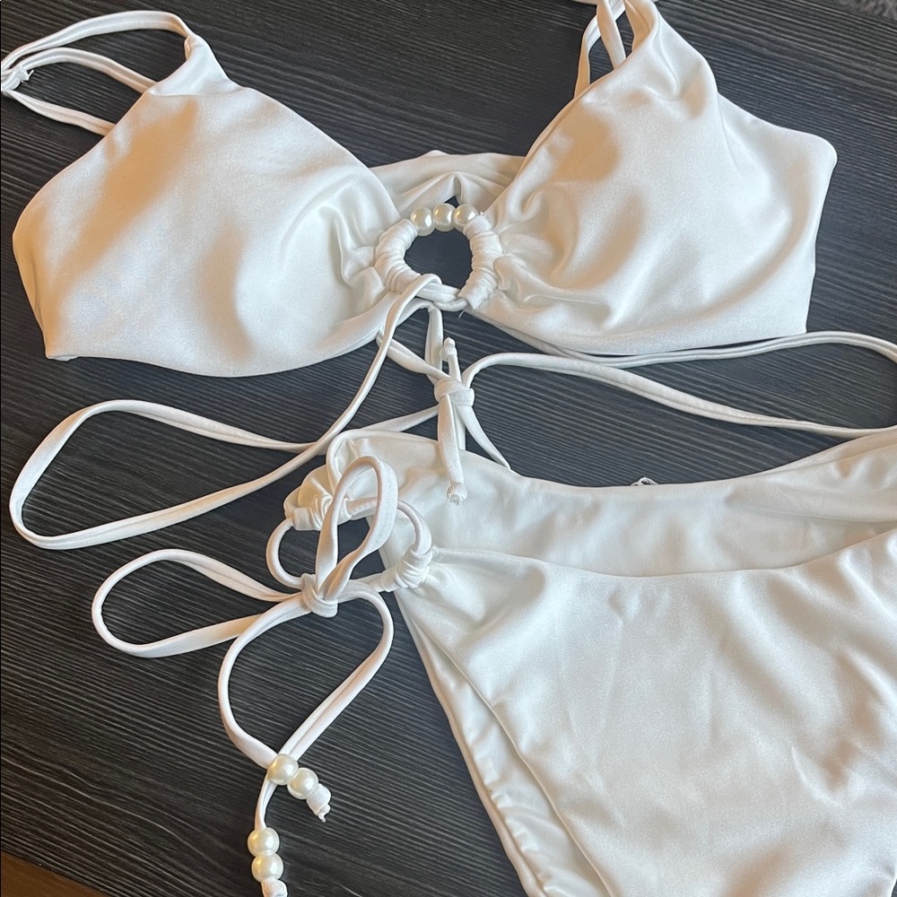White Bikini Set with Pearl Accents